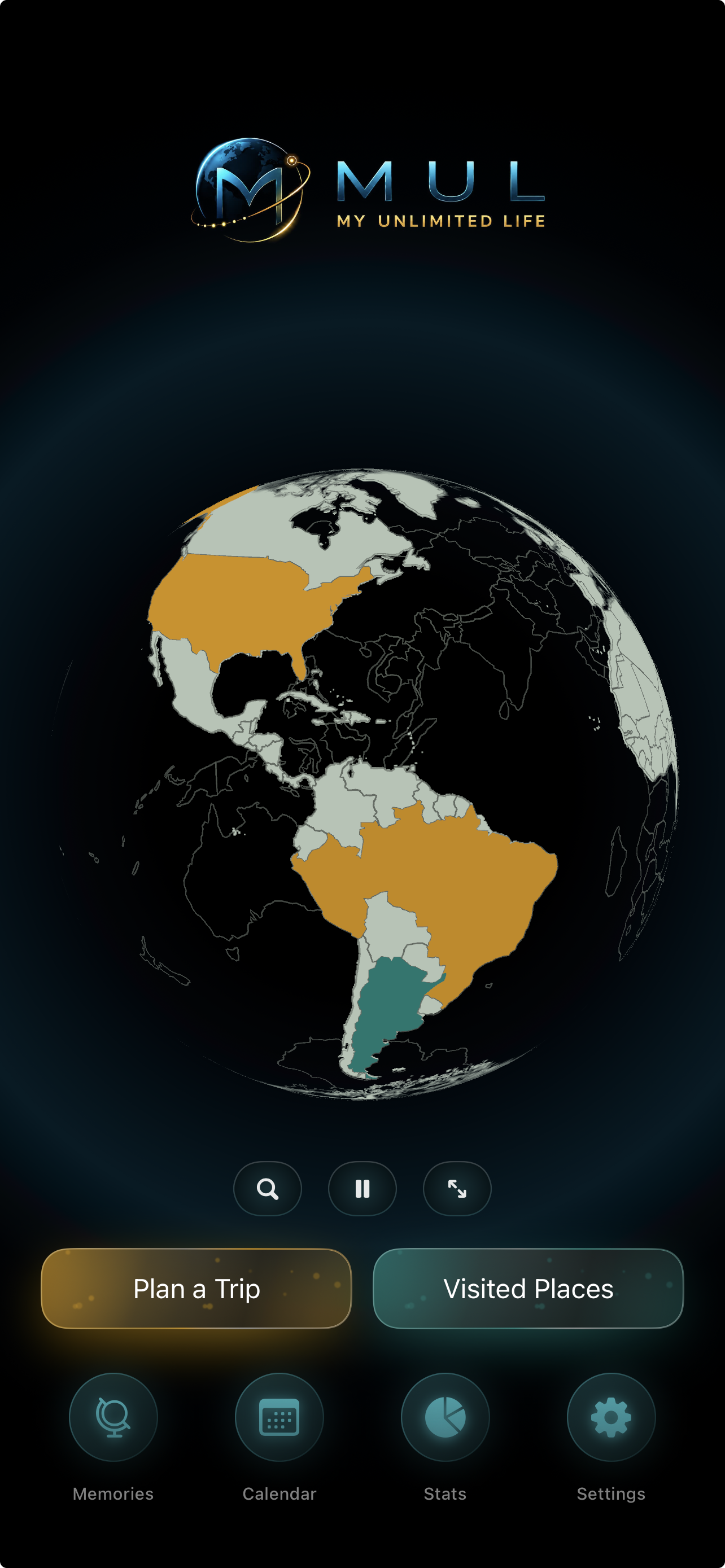 Mul home screen showing a 3D globe with visited countries painted in gold and teal